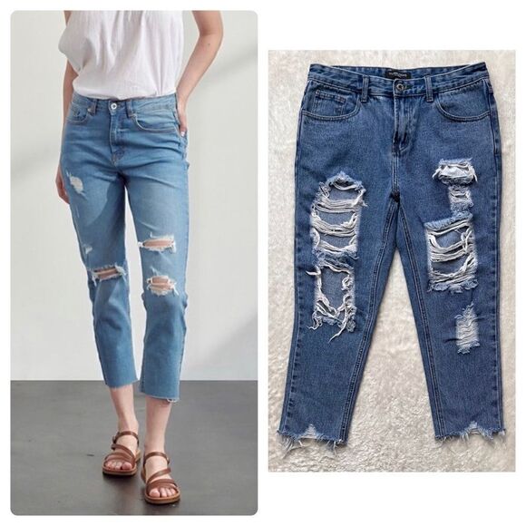 MUSELOOKS High Rise Distressed Raw Hem Cropped Jeans, Size Small - Picture 1 of 14